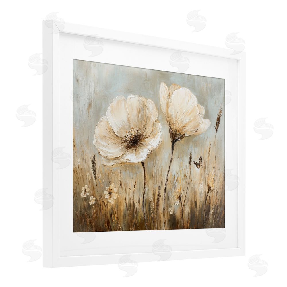 Petal Prints Design White Wildflowers Brown Meadow White Framed Print Under Glass with Mat Wall Art