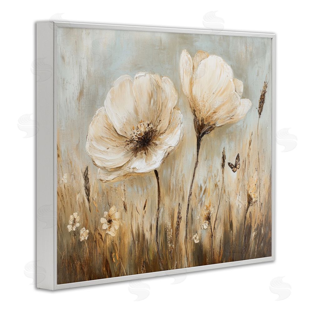 Petal Prints Design White Wildflowers Brown Meadow White Framed Giclee Wall Art Print