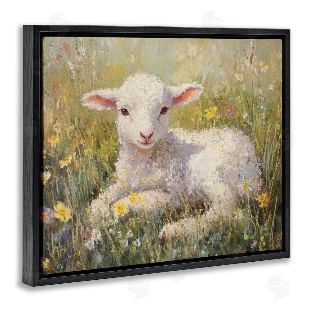 Petal Prints Design Sunlight Lamb in Flowers Black Floating Frame Canvas Wall Art Print