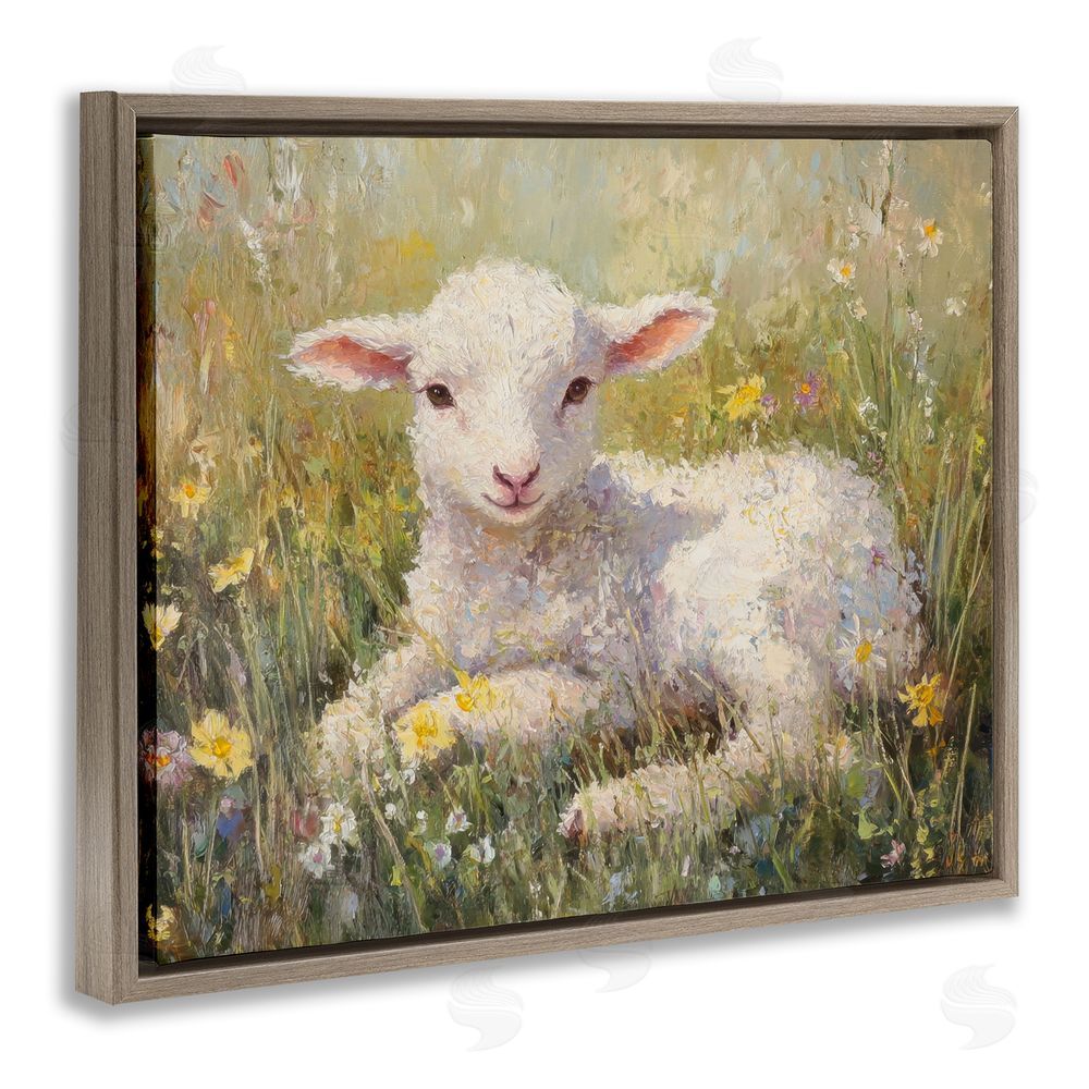 Petal Prints Design Sunlight Lamb in Flowers Brown Floating Frame Canvas Wall Art Print