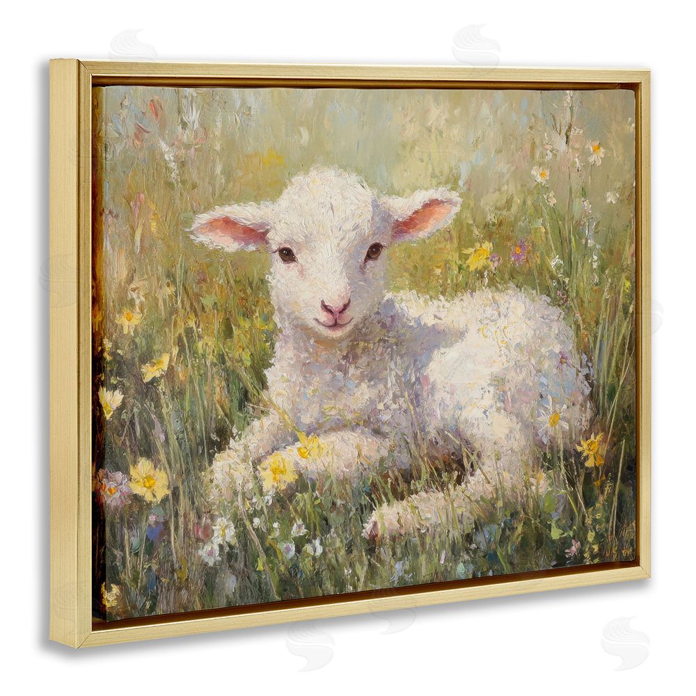 Petal Prints Design Sunlight Lamb in Flowers Gold Floating Frame Canvas Wall Art Print