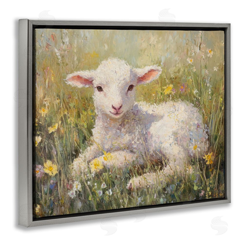 Petal Prints Design Sunlight Lamb in Flowers Gray Floating Frame Canvas Wall Art Print