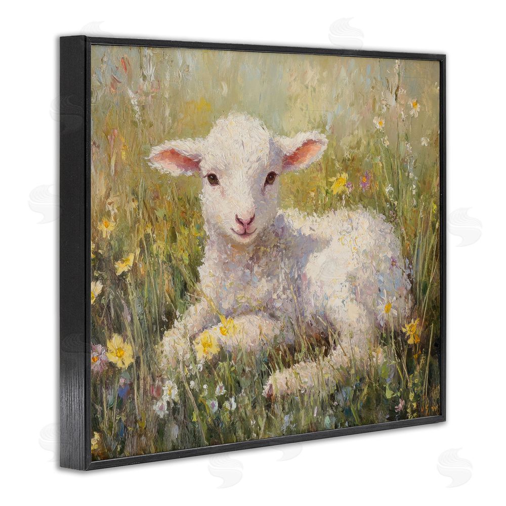 Petal Prints Design Sunlight Lamb in Flowers Black Framed Giclee Wall Art Print