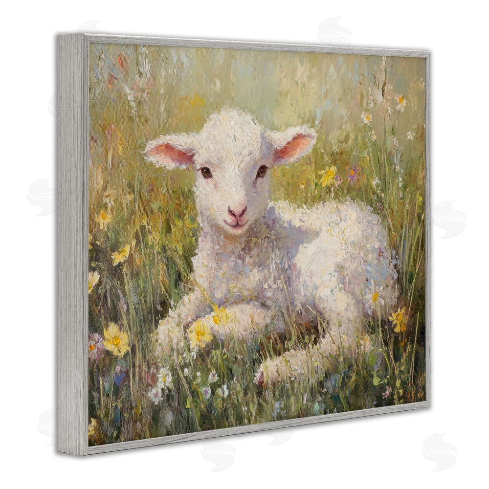 Petal Prints Design Sunlight Lamb in Flowers Gray Framed Giclee Wall Art Print