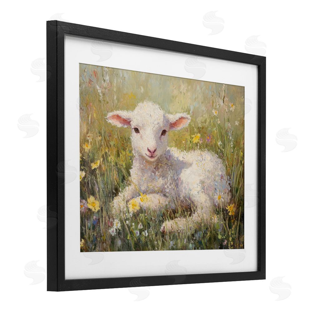 Petal Prints Design Sunlight Lamb in Flowers Black Framed Print Under Glass with White Mat Wall Art