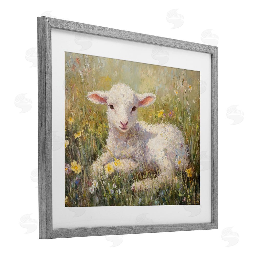 Petal Prints Design Sunlight Lamb in Flowers Gray Framed Print Under Glass with White Mat Wall Art