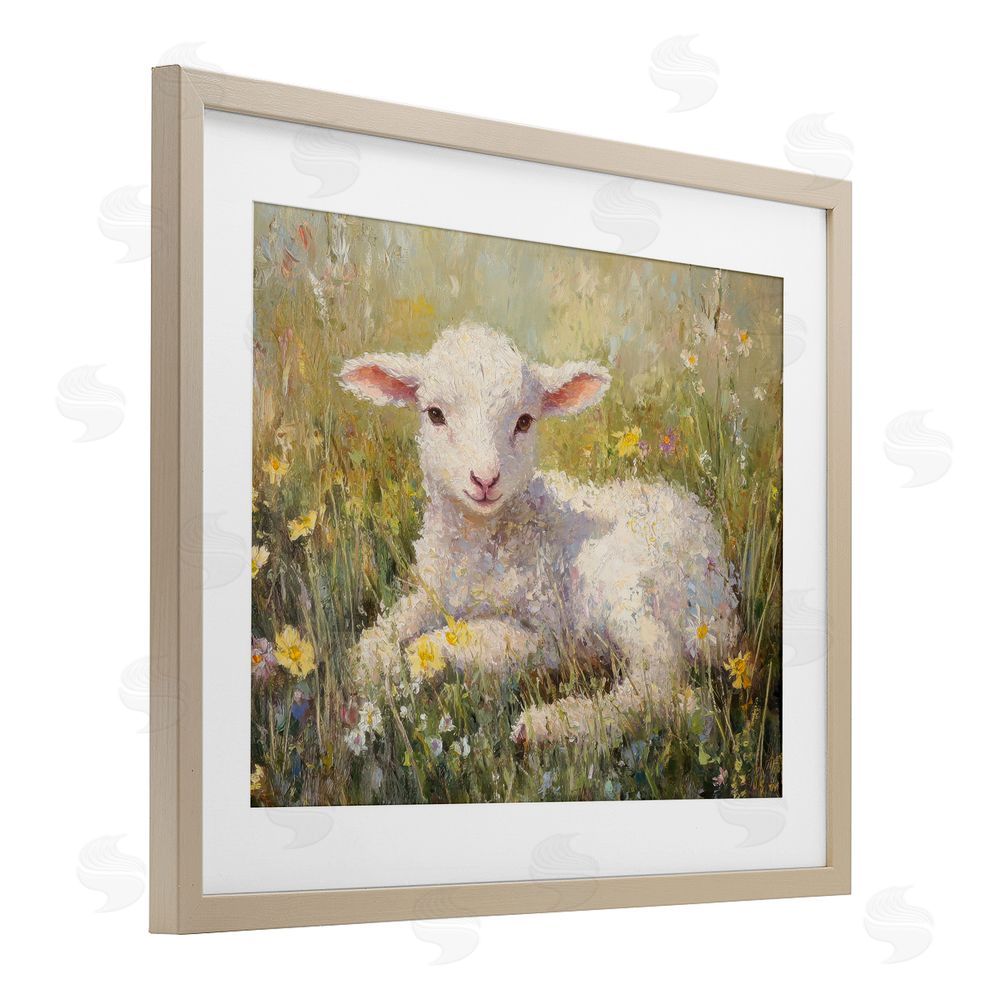 Petal Prints Design Sunlight Lamb in Flowers Birch Framed Print Under Glass with White Mat Wall Art