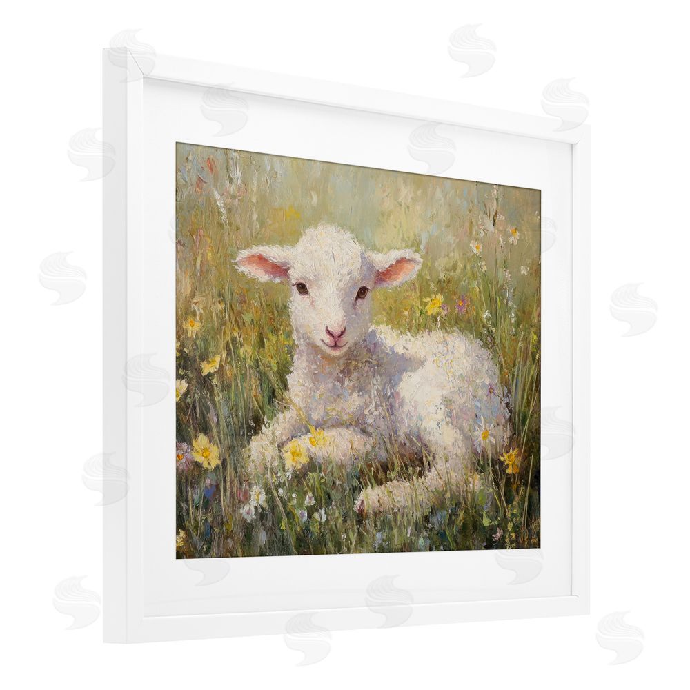 Petal Prints Design Sunlight Lamb in Flowers White Framed Print Under Glass with Mat Wall Art