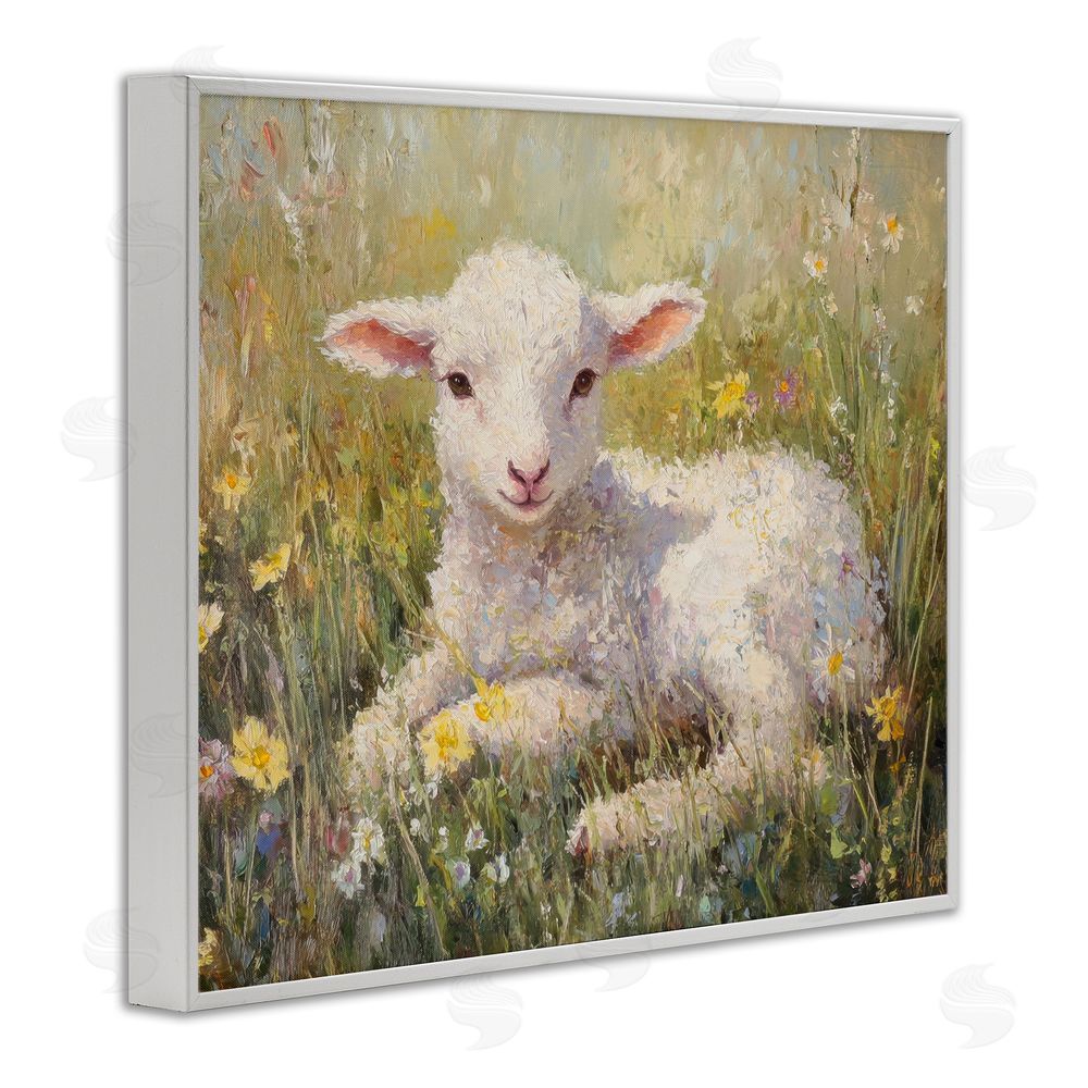 Petal Prints Design Sunlight Lamb in Flowers White Framed Giclee Wall Art Print
