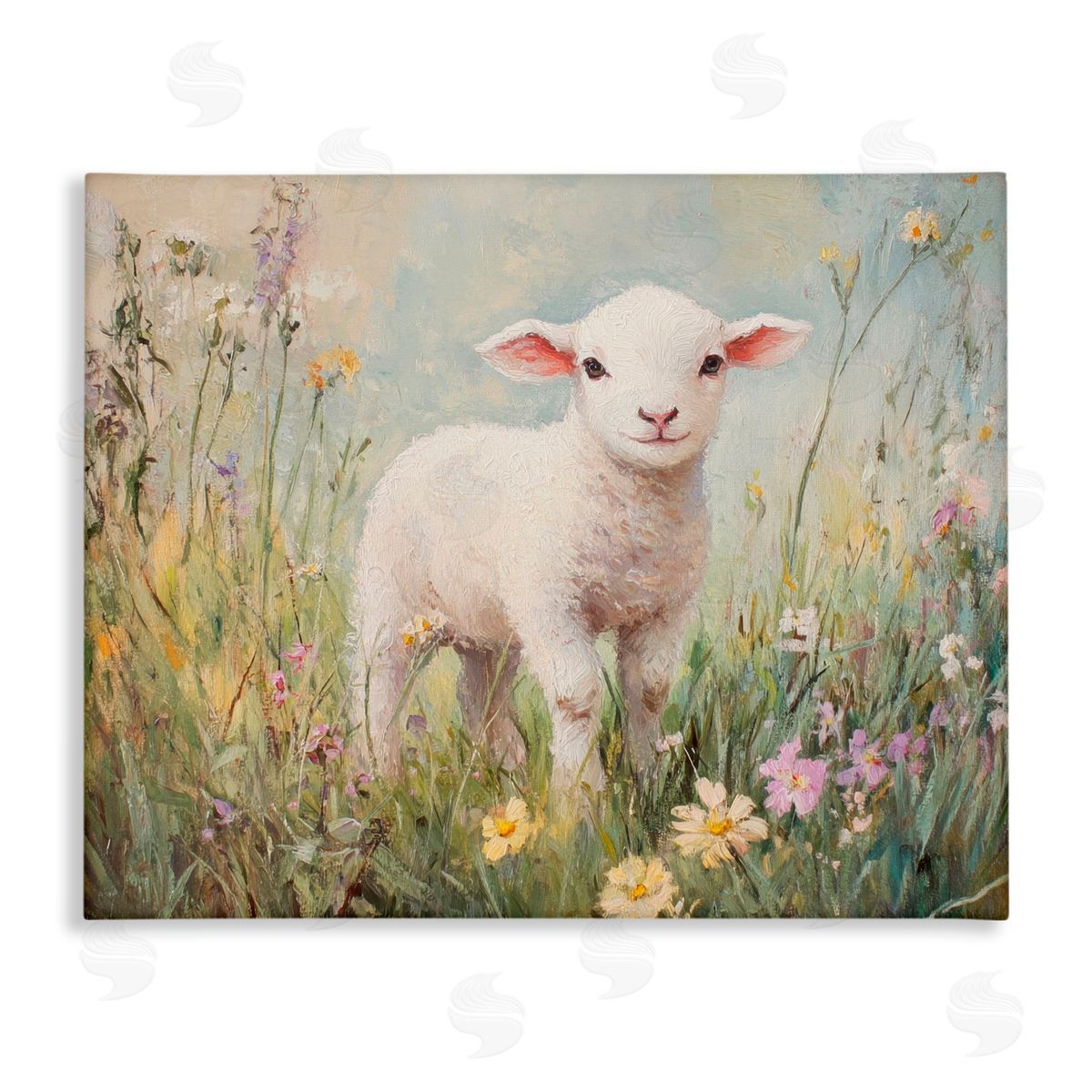 Petal Prints Design White Lamb in Soft Flowers Canvas Wall Art Print