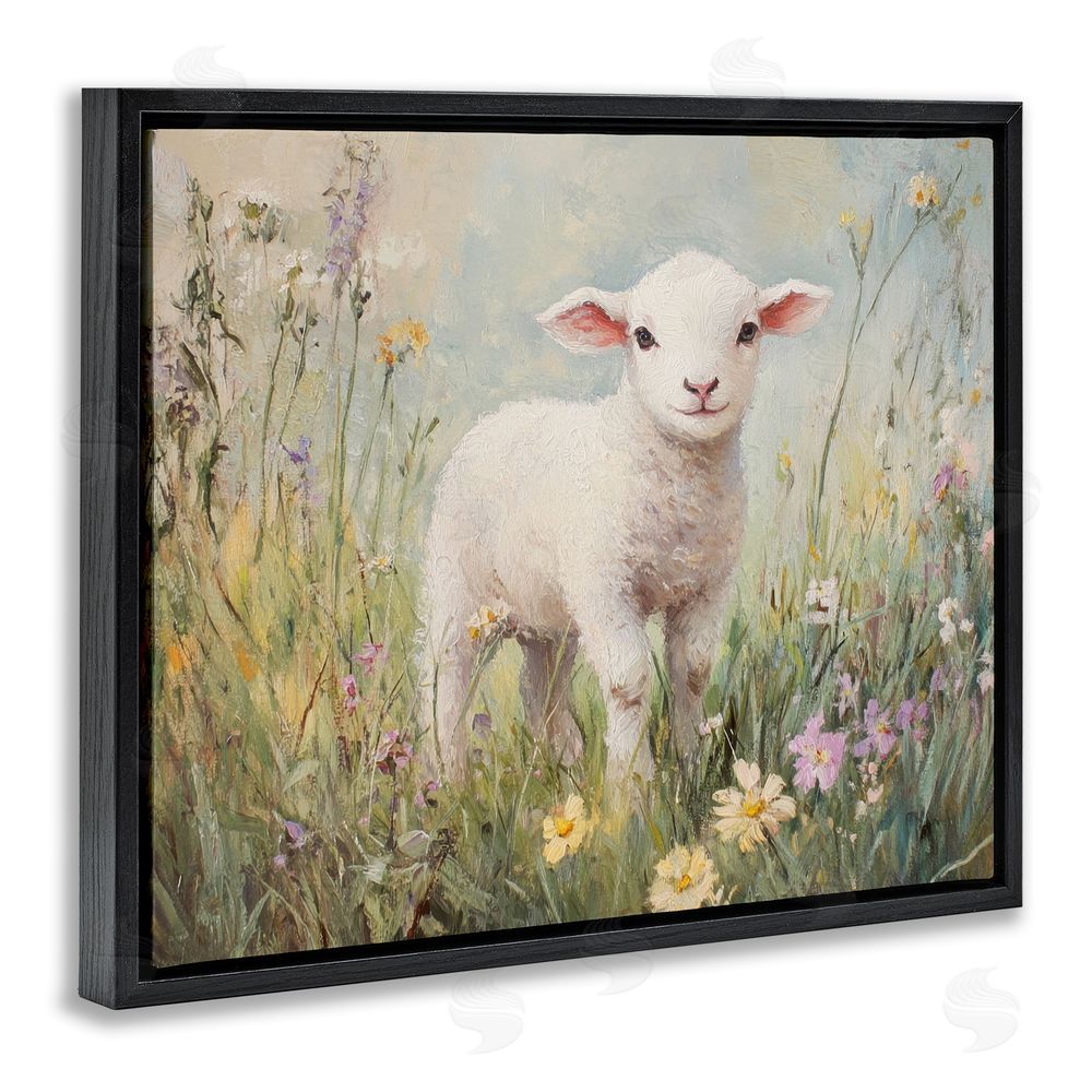 Petal Prints Design White Lamb in Soft Flowers Black Floating Frame Canvas Wall Art Print