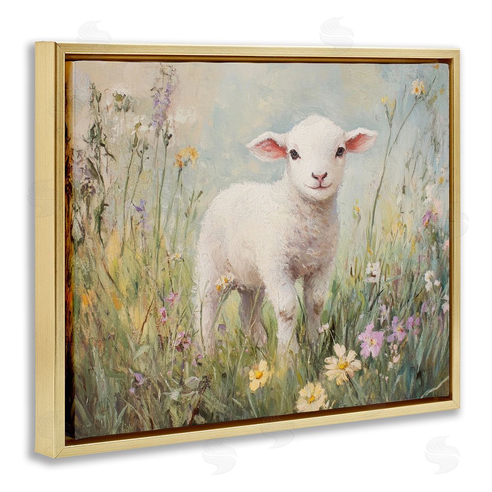 Petal Prints Design White Lamb in Soft Flowers Gold Floating Frame Canvas Wall Art Print