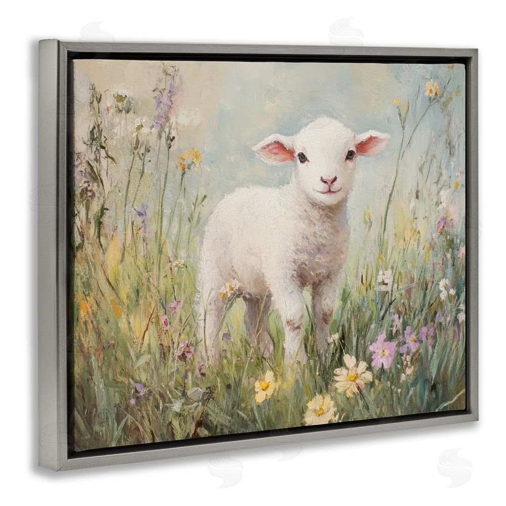 Petal Prints Design White Lamb in Soft Flowers Gray Floating Frame Canvas Wall Art Print