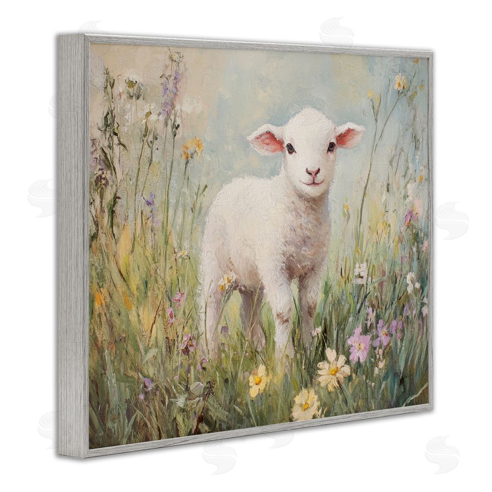 Petal Prints Design White Lamb in Soft Flowers Gray Framed Giclee Wall Art Print