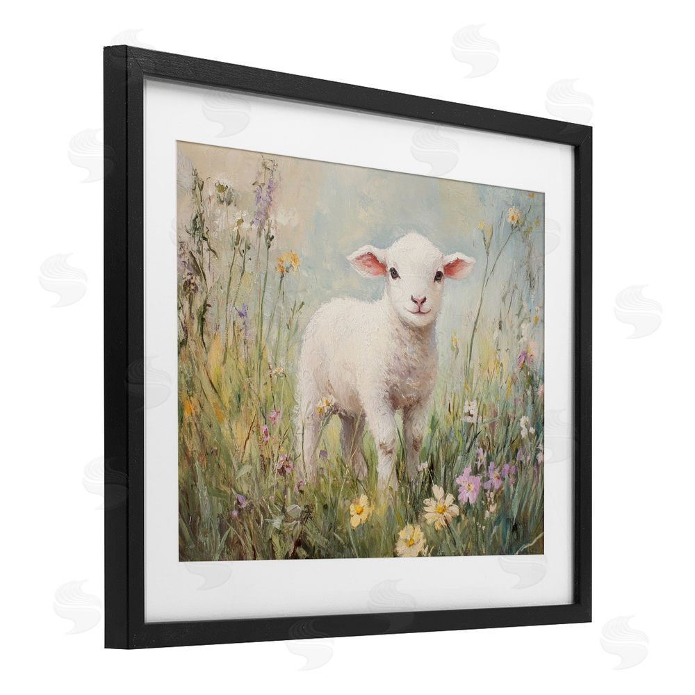 Petal Prints Design White Lamb in Soft Flowers Black Framed Print Under Glass with White Mat Wall Art
