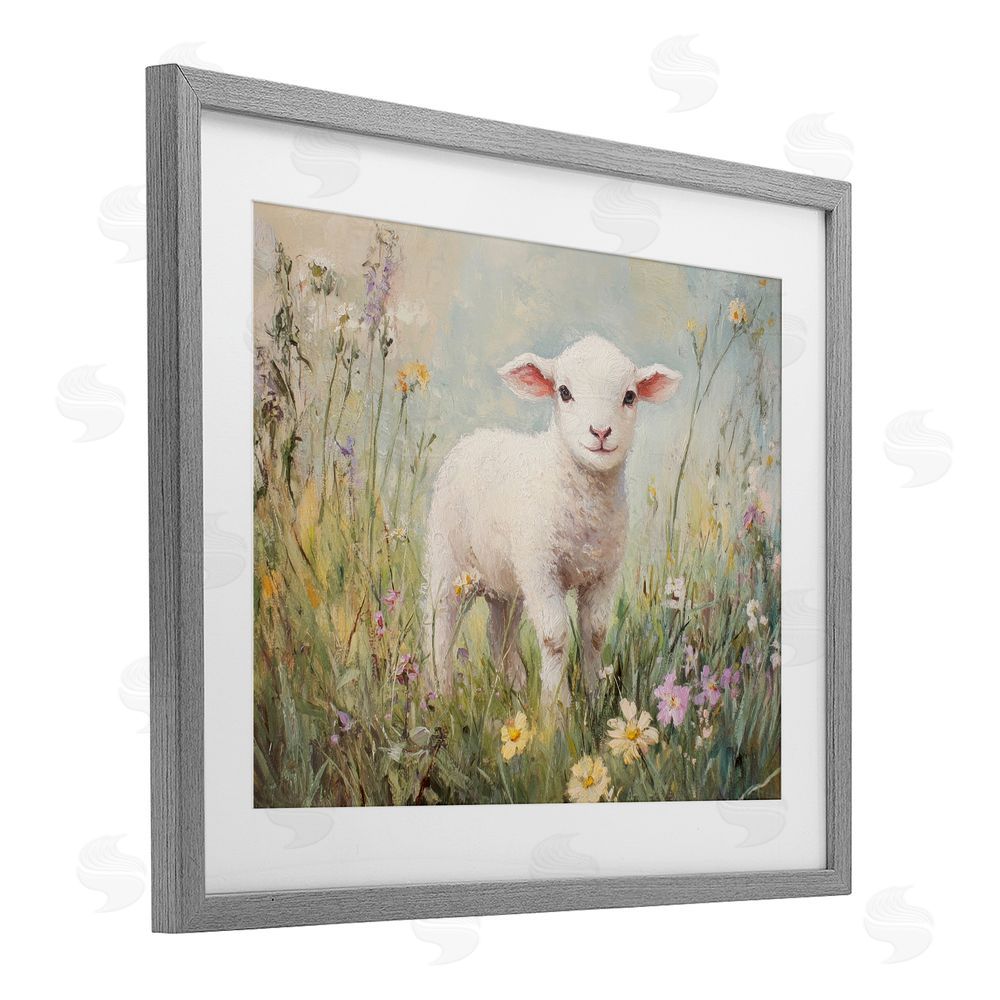 Petal Prints Design White Lamb in Soft Flowers Gray Framed Print Under Glass with White Mat Wall Art