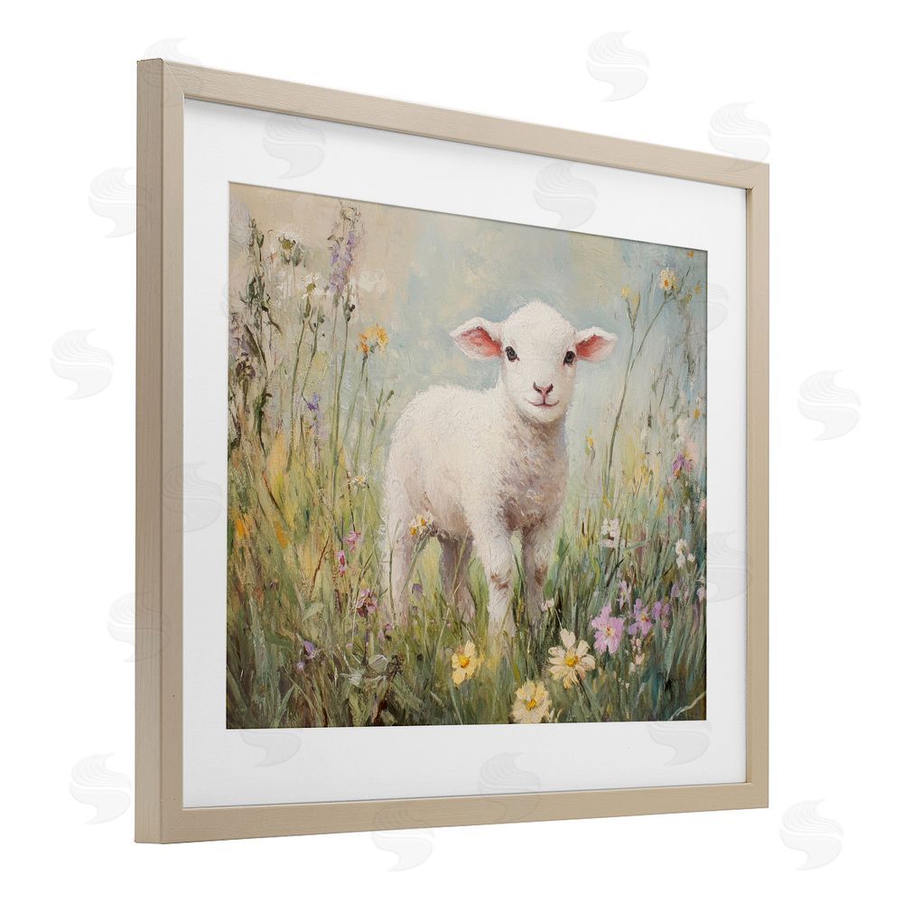 Petal Prints Design White Lamb in Soft Flowers Birch Framed Print Under Glass with White Mat Wall Art