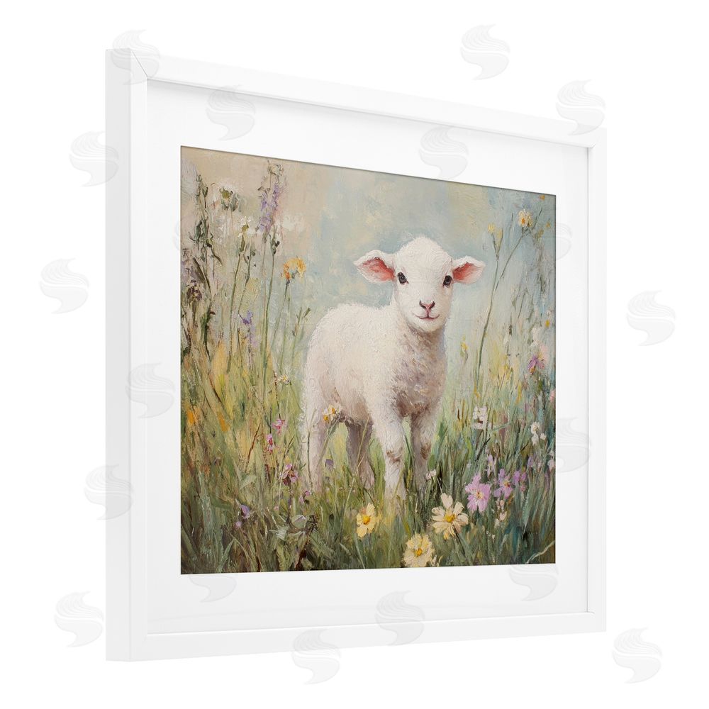 Petal Prints Design White Lamb in Soft Flowers White Framed Print Under Glass with Mat Wall Art