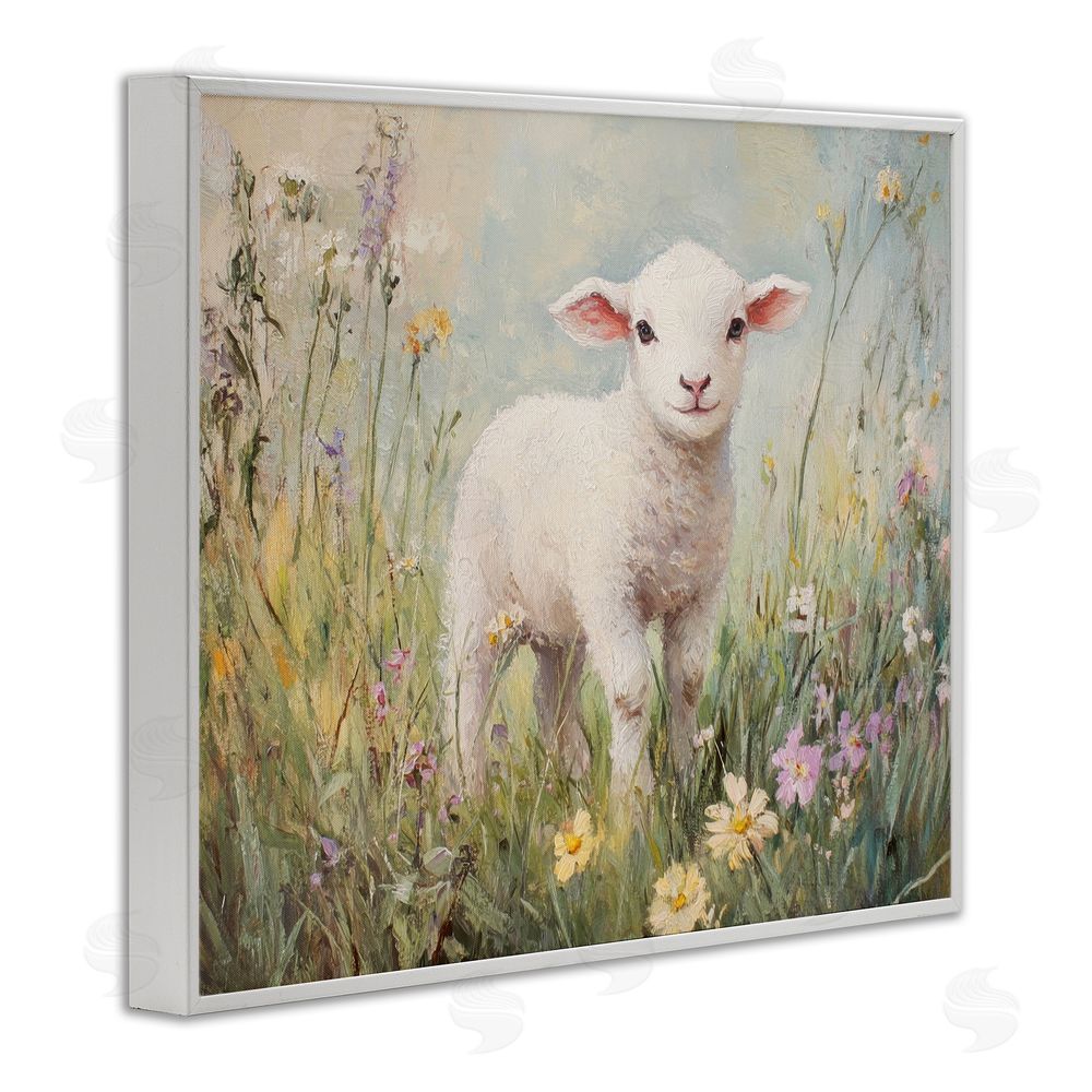Petal Prints Design White Lamb in Soft Flowers White Framed Giclee Wall Art Print