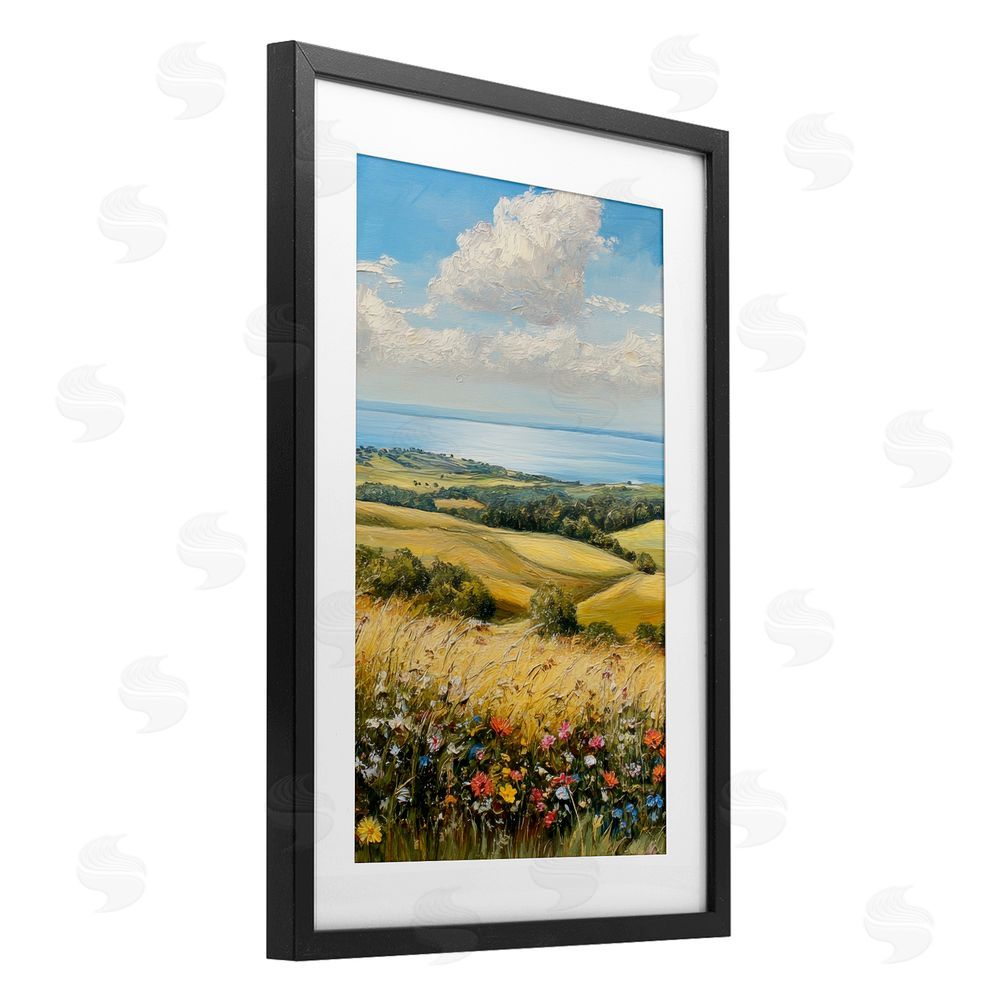 Petal Prints Design In the Distance Hills Black Framed Print Under Glass with White Mat Wall Art
