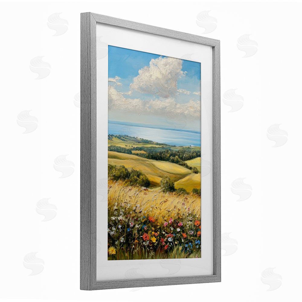 Petal Prints Design In the Distance Hills Gray Framed Print Under Glass with White Mat Wall Art