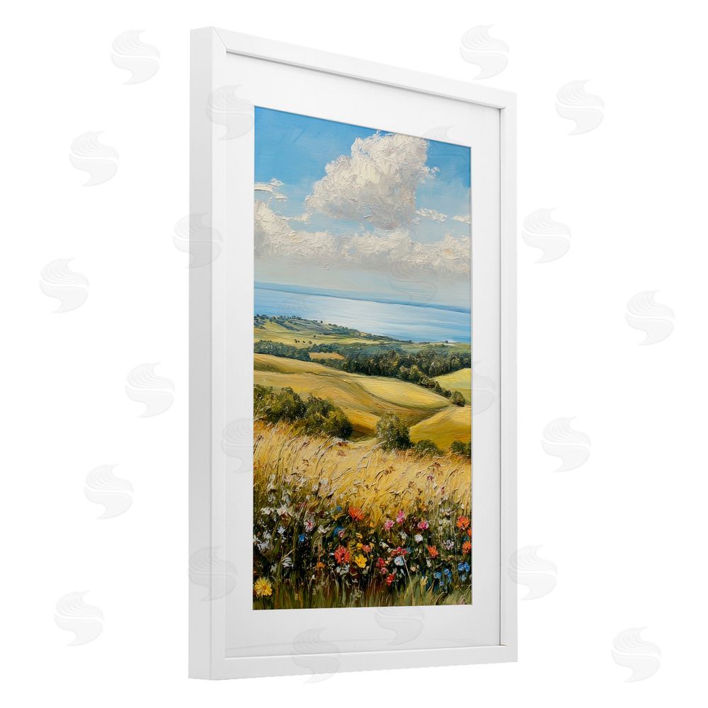 Petal Prints Design In the Distance Hills White Framed Print Under Glass with Mat Wall Art