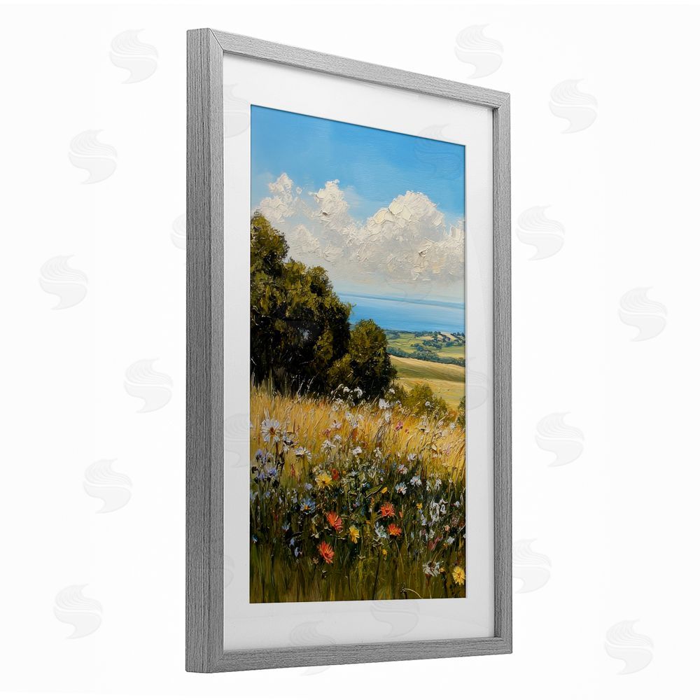 Petal Prints Design In the Distance Meadow Gray Framed Print Under Glass with White Mat Wall Art