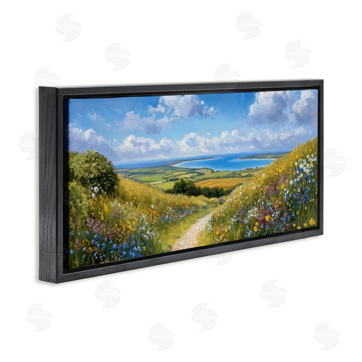 Petal Prints Design Valley Path Coastal Landscape Black Floating Frame Canvas Wall Art Print