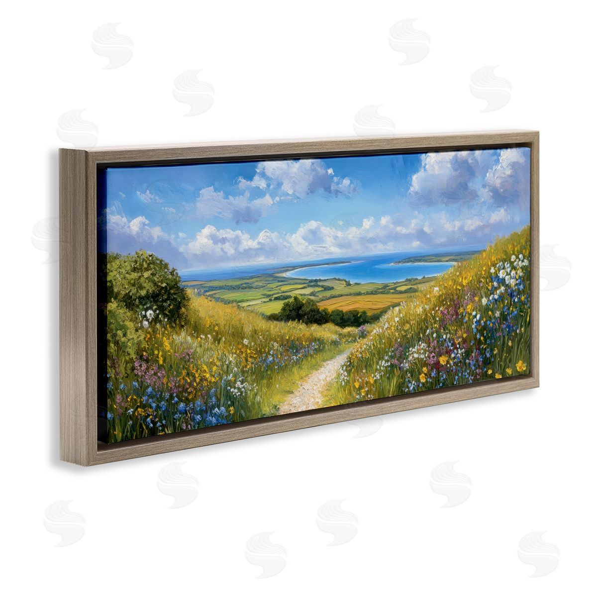 Petal Prints Design Valley Path Coastal Landscape Brown Floating Frame Canvas Wall Art Print