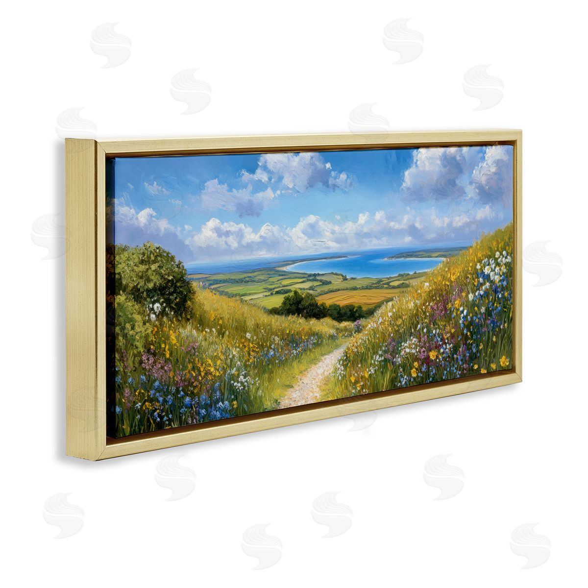 Petal Prints Design Valley Path Coastal Landscape Gold Floating Frame Canvas Wall Art Print