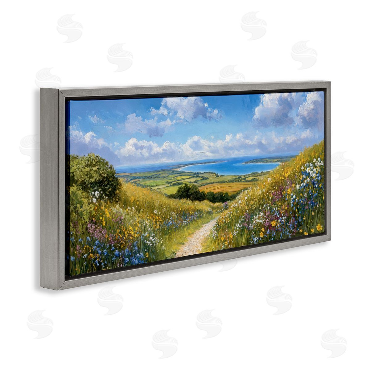 Petal Prints Design Valley Path Coastal Landscape Gray Floating Frame Canvas Wall Art Print