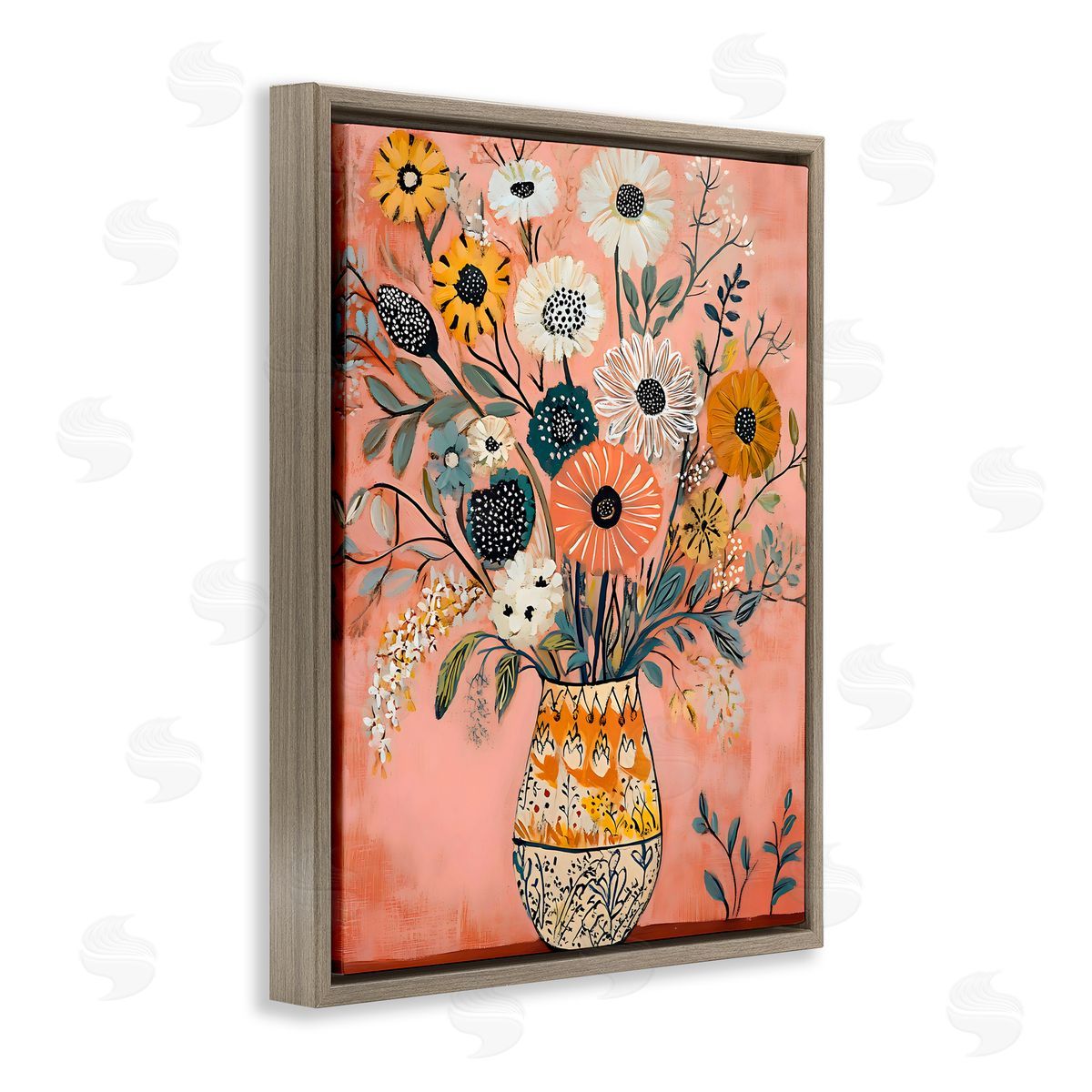 Creative Studio Boho Patterned Bouquet Vase Brown Floating Frame Canvas Art Print