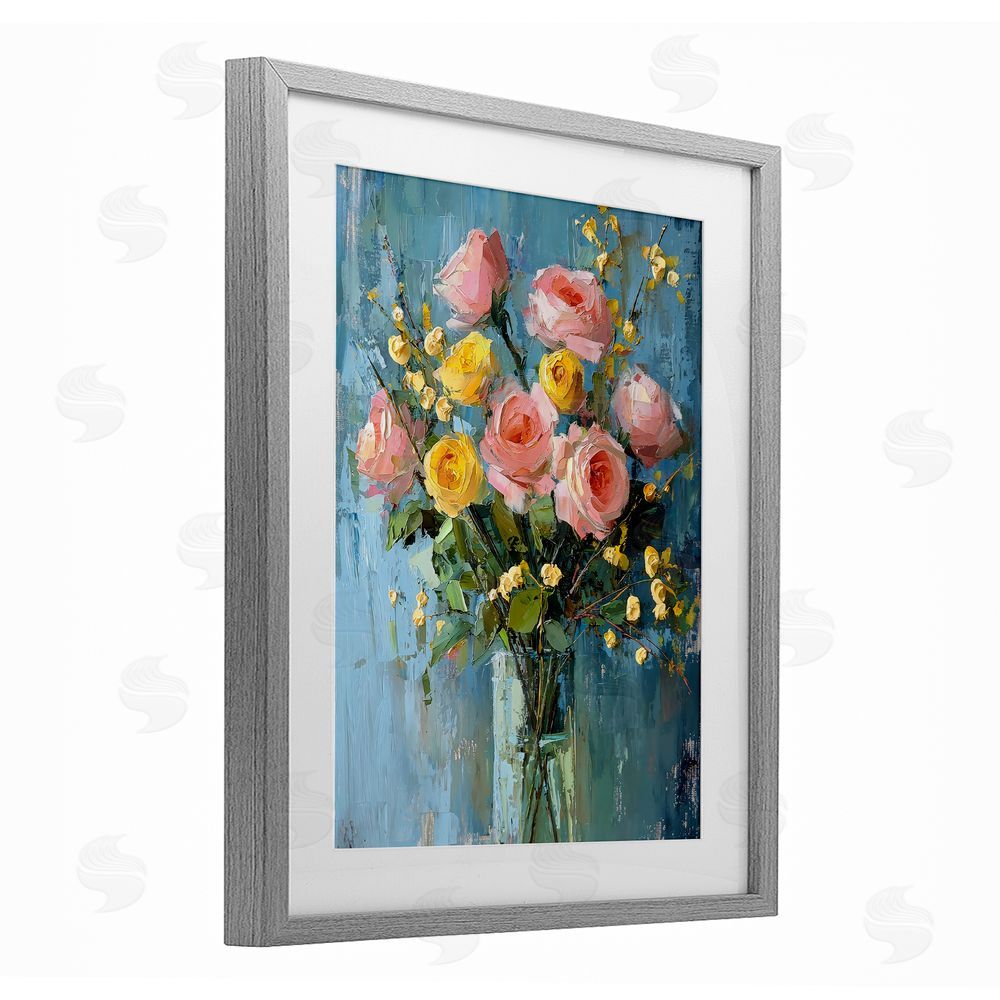 Creative Studio Pink And Yellow Rose Display Gray Framed Print Under Glass Art