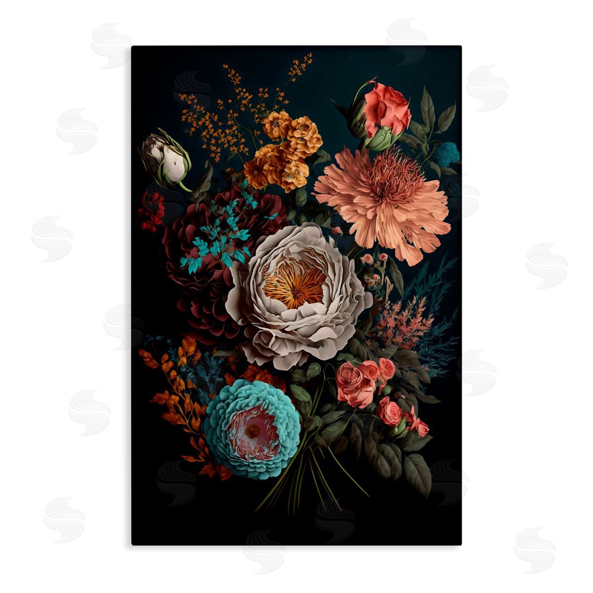 Creative Studio Realistic Colorful Floral on Black Canvas Wall Art Print