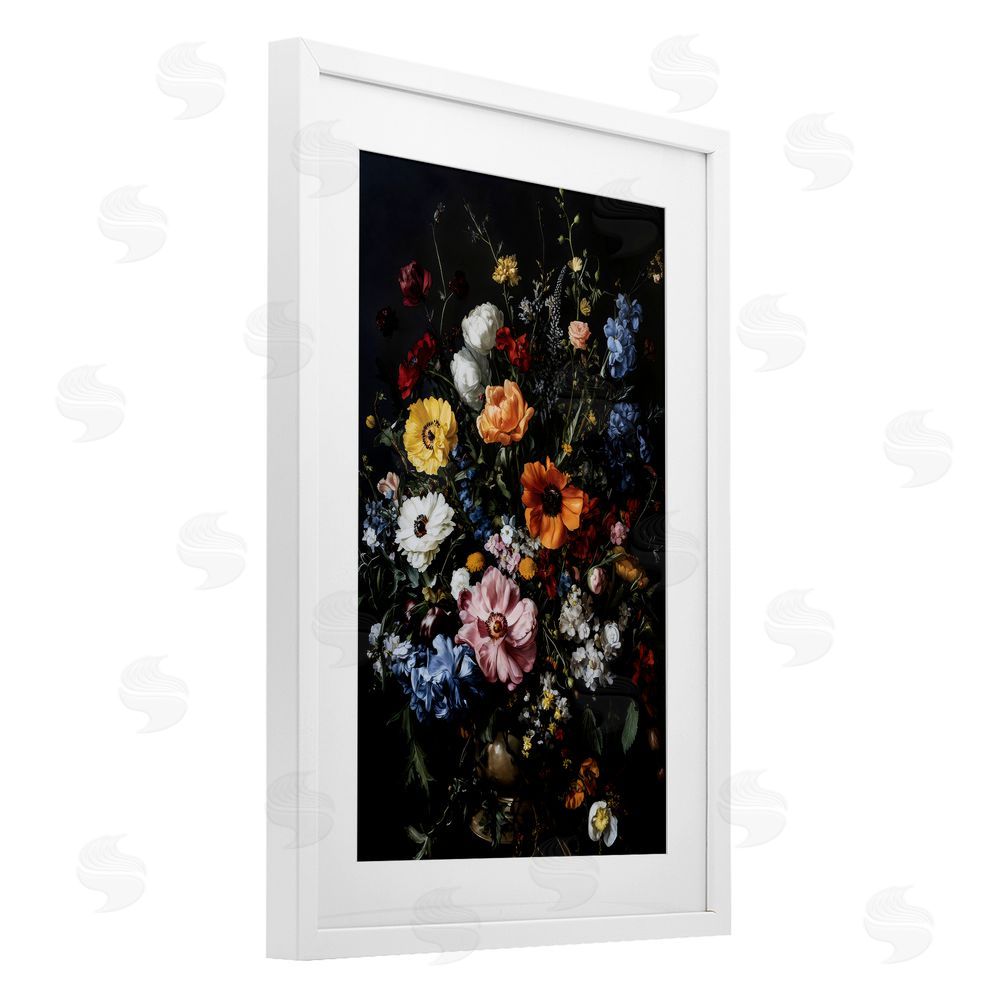 Creative Studio Dark Opulent Bouquet White Framed Print Under Glass Art