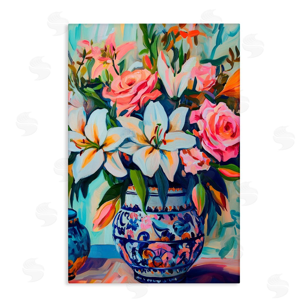 Gina Kelly Colorful Flowers in Blue Ornate Vase Canvas Wall Art Print