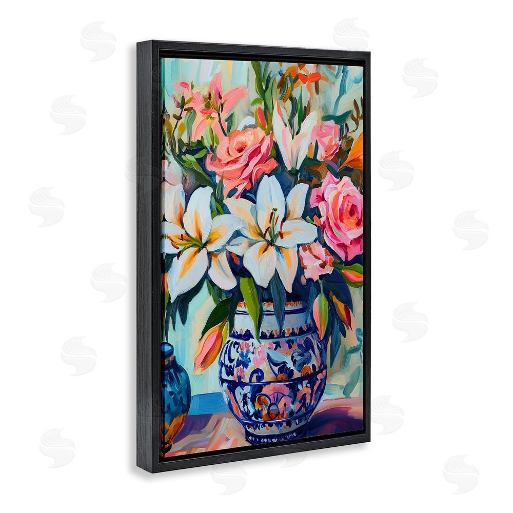 Gina Kelly Colorful Flowers in Blue Ornate Vase Black Floating Frame Canvas Wall Art Print
