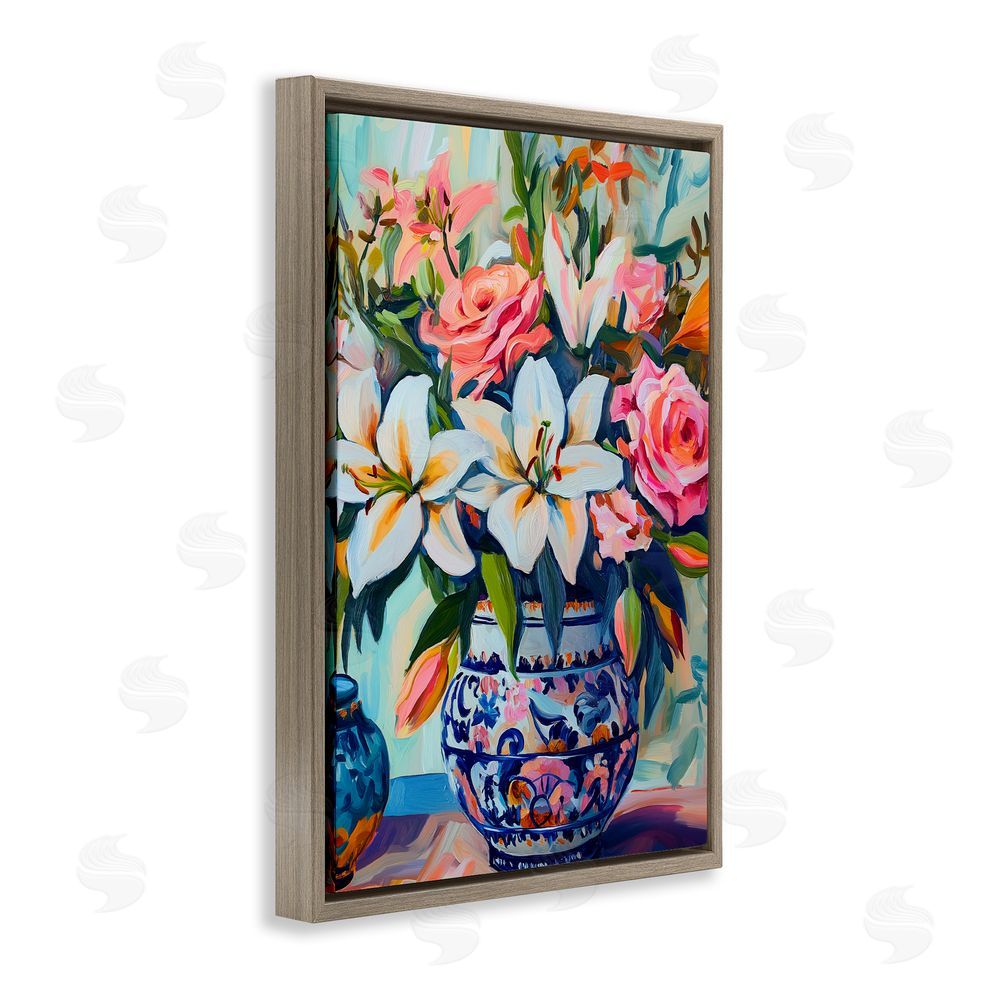Gina Kelly Colorful Flowers in Blue Ornate Vase Brown Floating Frame Canvas Wall Art Print
