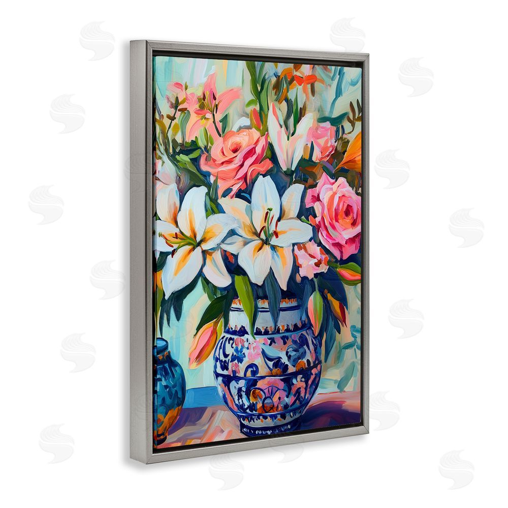 Gina Kelly Colorful Flowers in Blue Ornate Vase Gray Floating Frame Canvas Wall Art Print
