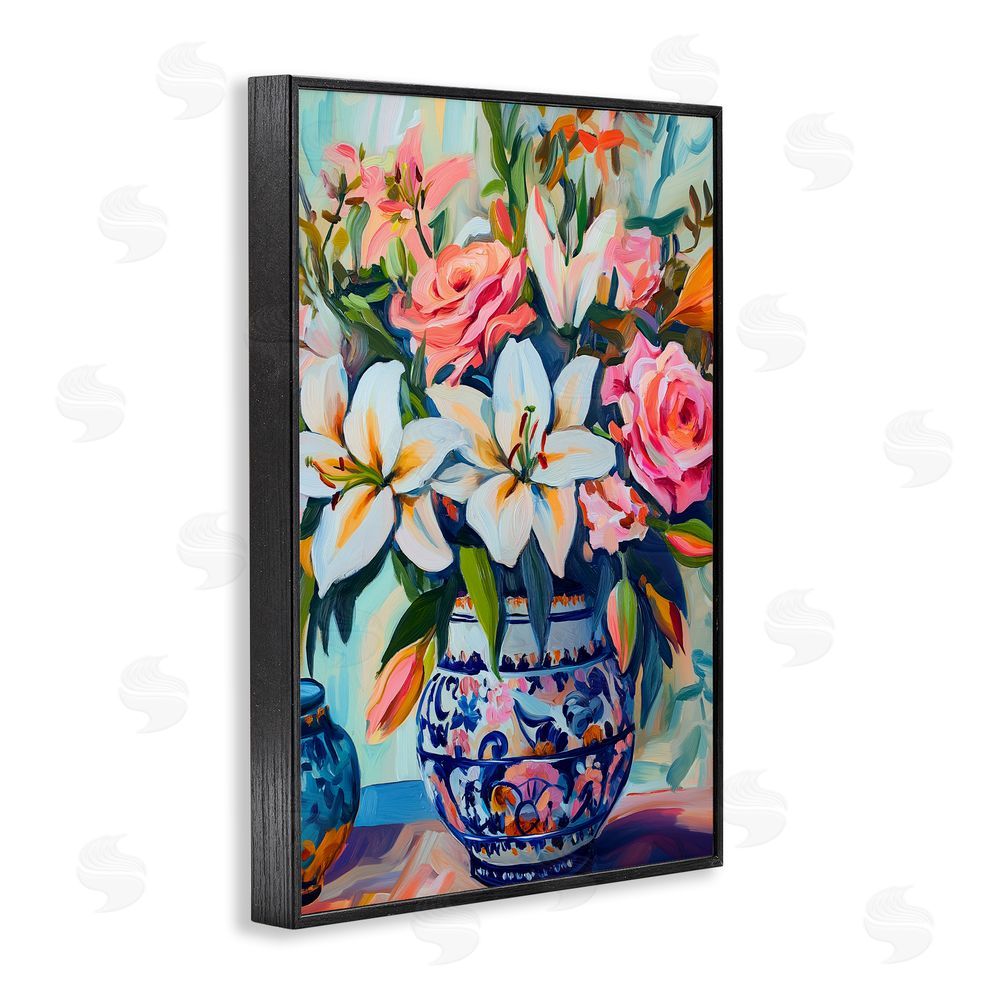 Gina Kelly Colorful Flowers in Blue Ornate Vase Black Framed Giclee Wall Art Print