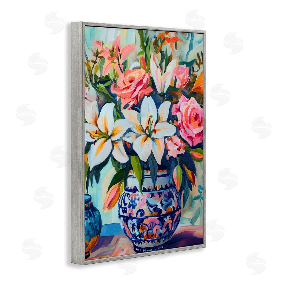 Gina Kelly Colorful Flowers in Blue Ornate Vase Gray Framed Giclee Wall Art Print