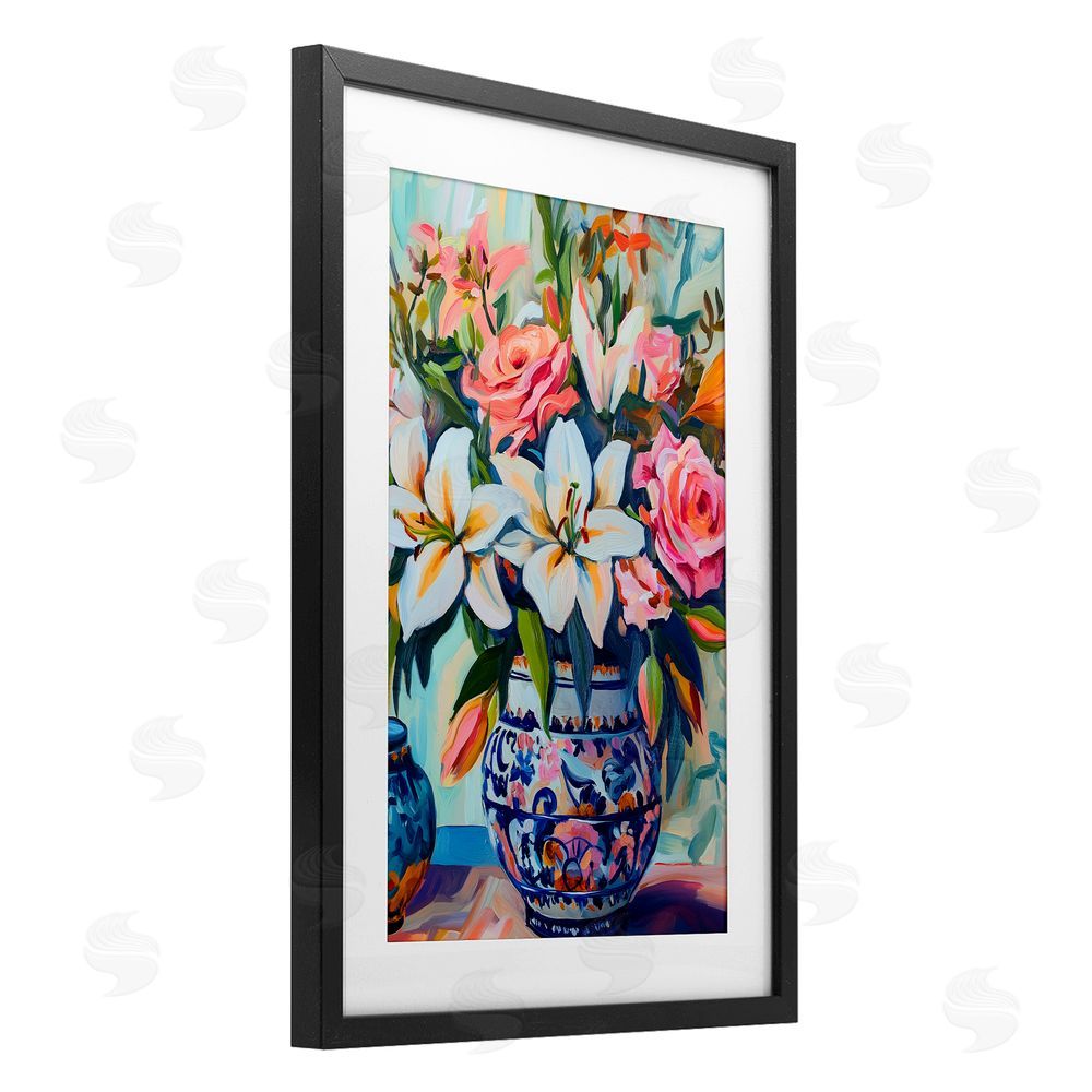 Gina Kelly Colorful Flowers in Blue Ornate Vase Black Framed Print Under Glass with White Mat Wall Art