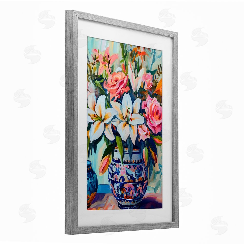 Gina Kelly Colorful Flowers in Blue Ornate Vase Gray Framed Print Under Glass with White Mat Wall Art