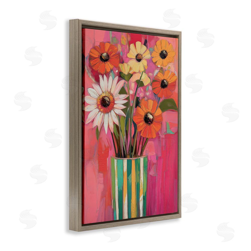 Gina Kelly Mixed Flowers Green Striped Vase Brown Floating Frame Canvas Wall Art Print