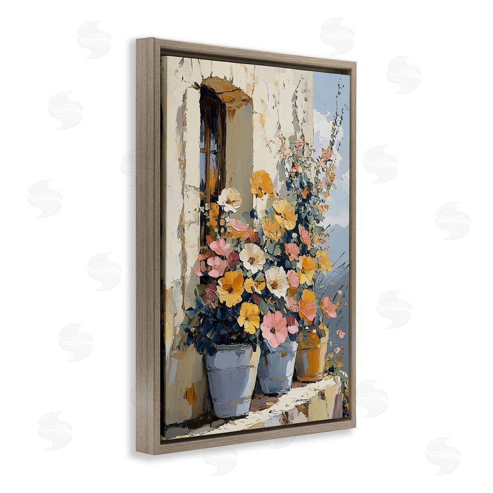 Gina Kelly Colorful Flowers on Stone Ledge Brown Floating Frame Canvas Wall Art Print