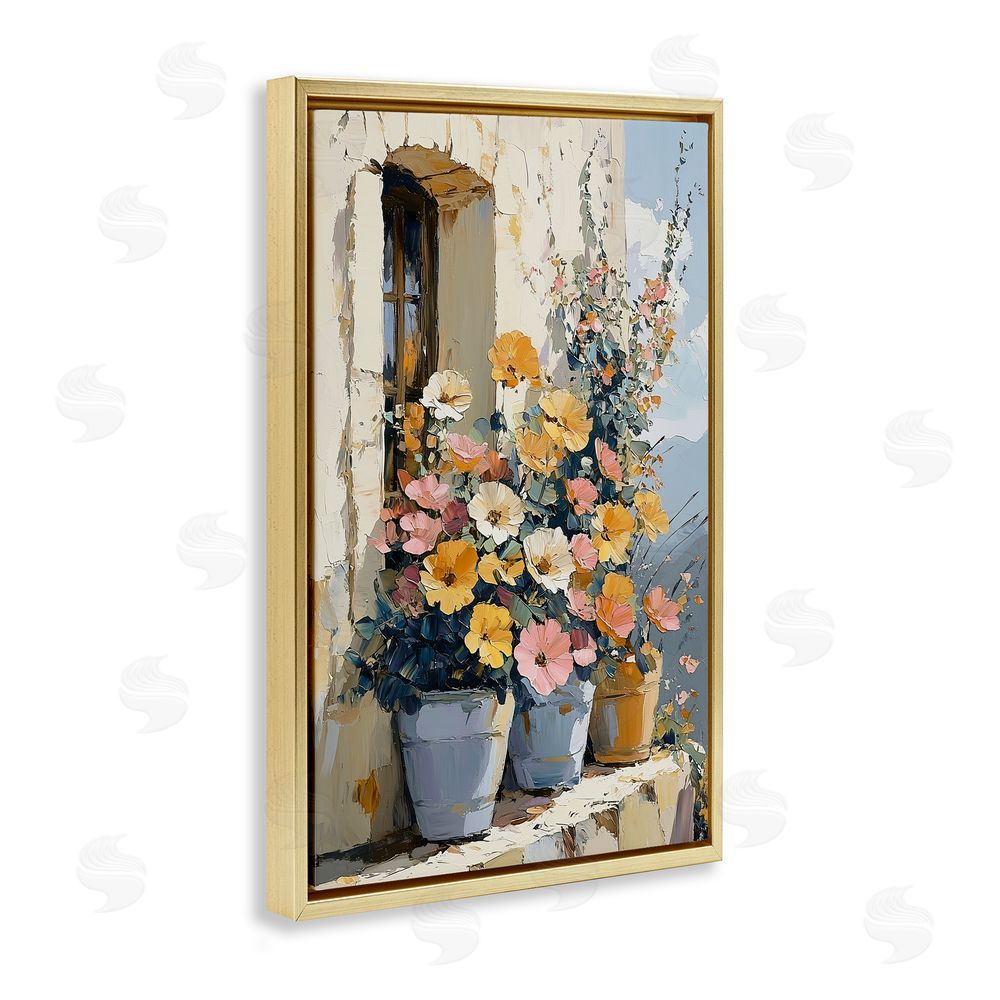Gina Kelly Colorful Flowers on Stone Ledge Gold Floating Frame Canvas Wall Art Print