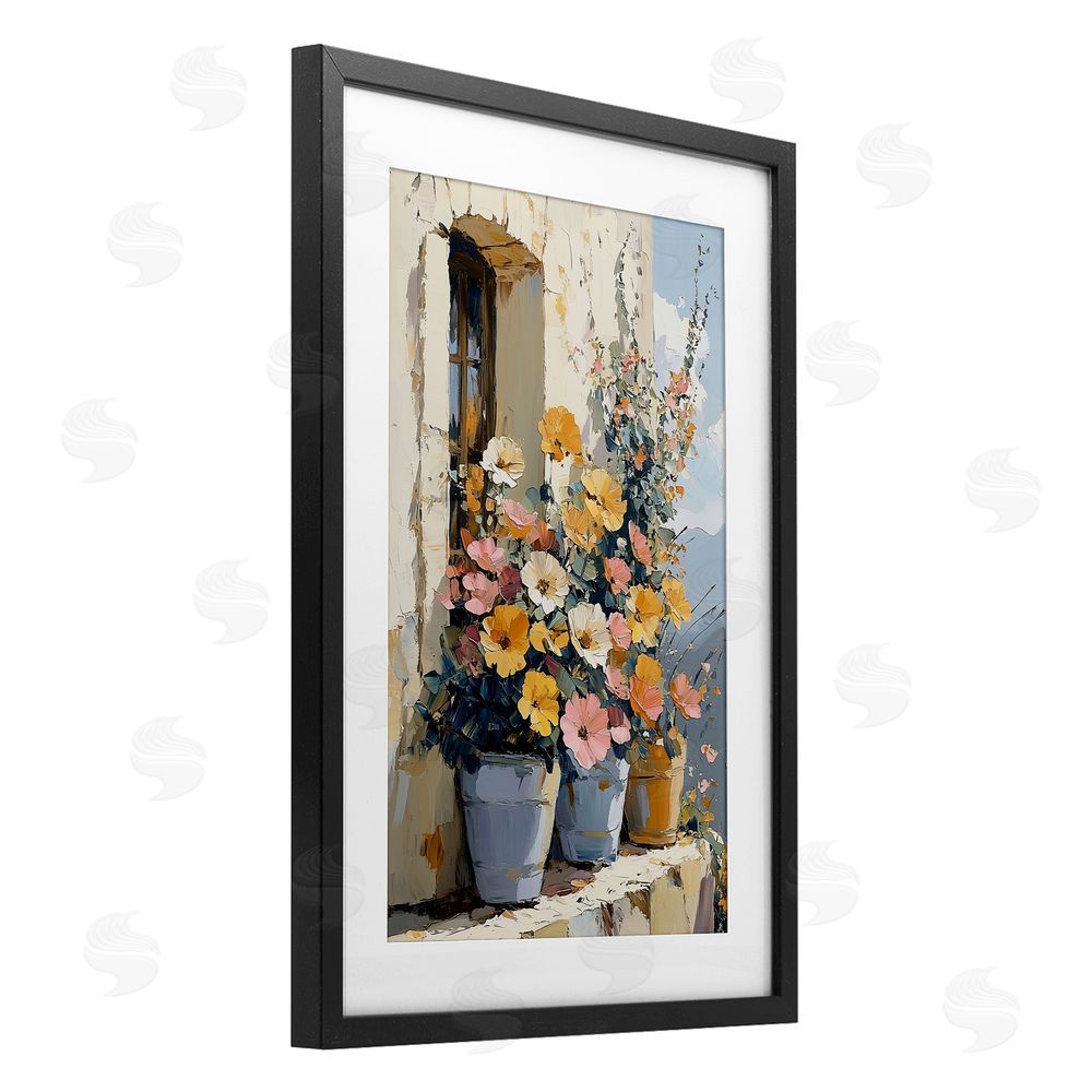 Gina Kelly Colorful Flowers on Stone Ledge Black Framed Print Under Glass with White Mat Wall Art