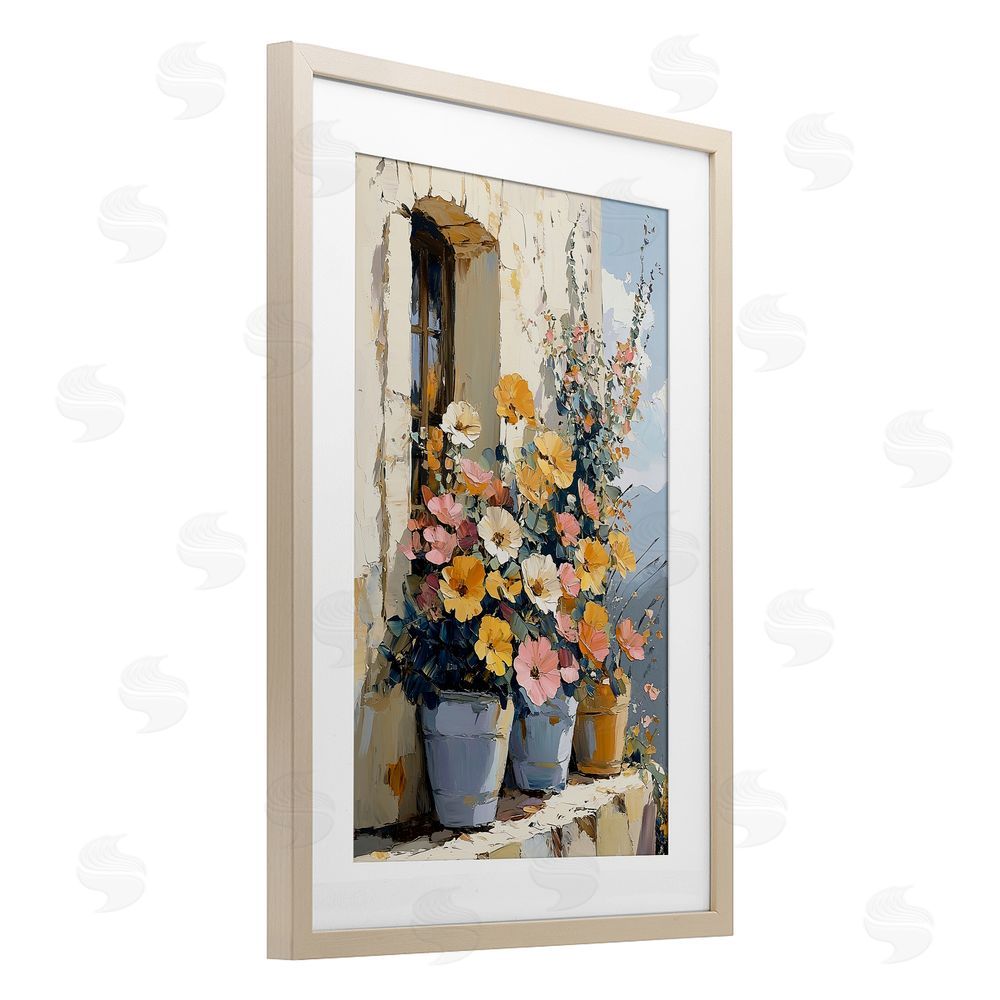 Gina Kelly Colorful Flowers on Stone Ledge Birch Framed Print Under Glass with White Mat Wall Art