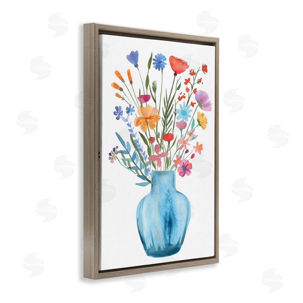 LSR Design Studio Watercolor Vase Blue Bouquet Brown Floating Frame Canvas Wall Art Print