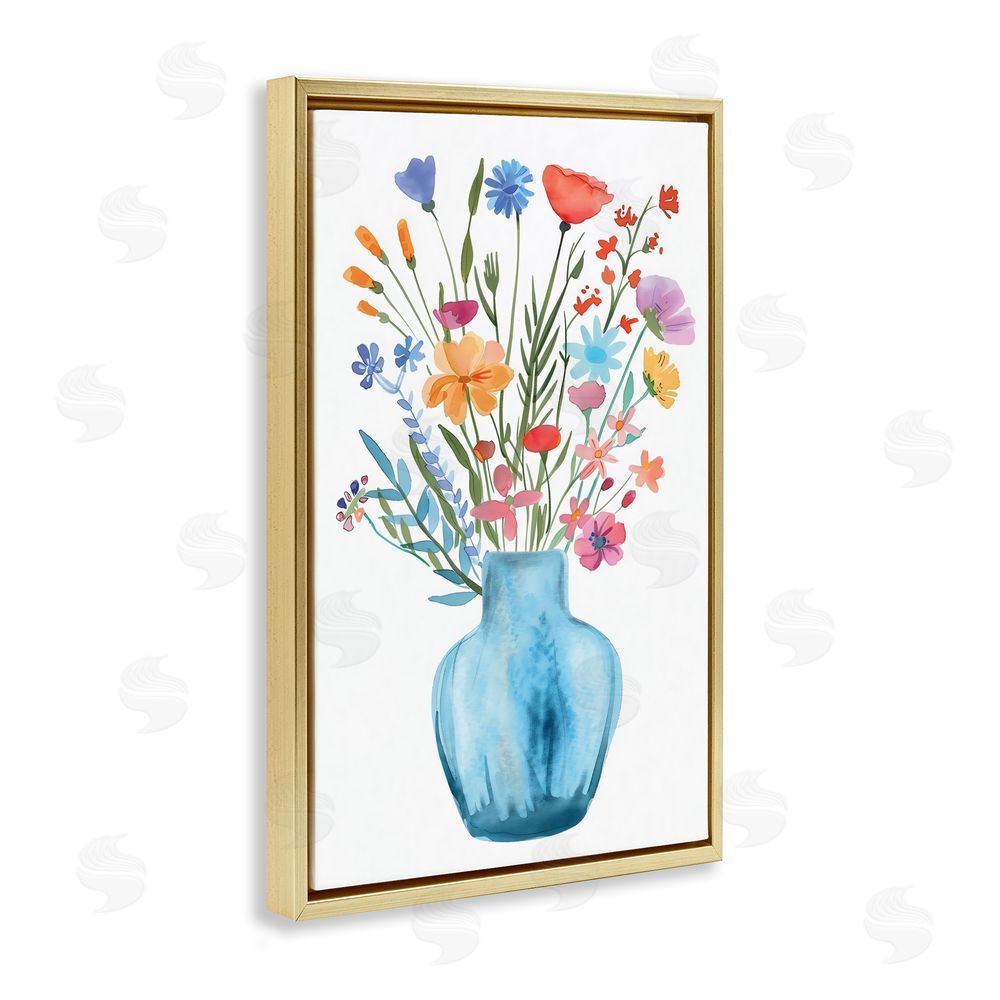 LSR Design Studio Watercolor Vase Blue Bouquet Gold Floating Frame Canvas Wall Art Print